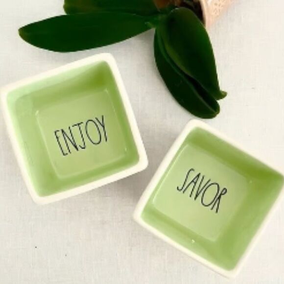 Rae Dunn White/Green "Savor & Enjoy" Dipping Condiment Ceramic Bowls/Dishes EUC - Picture 1 of 10